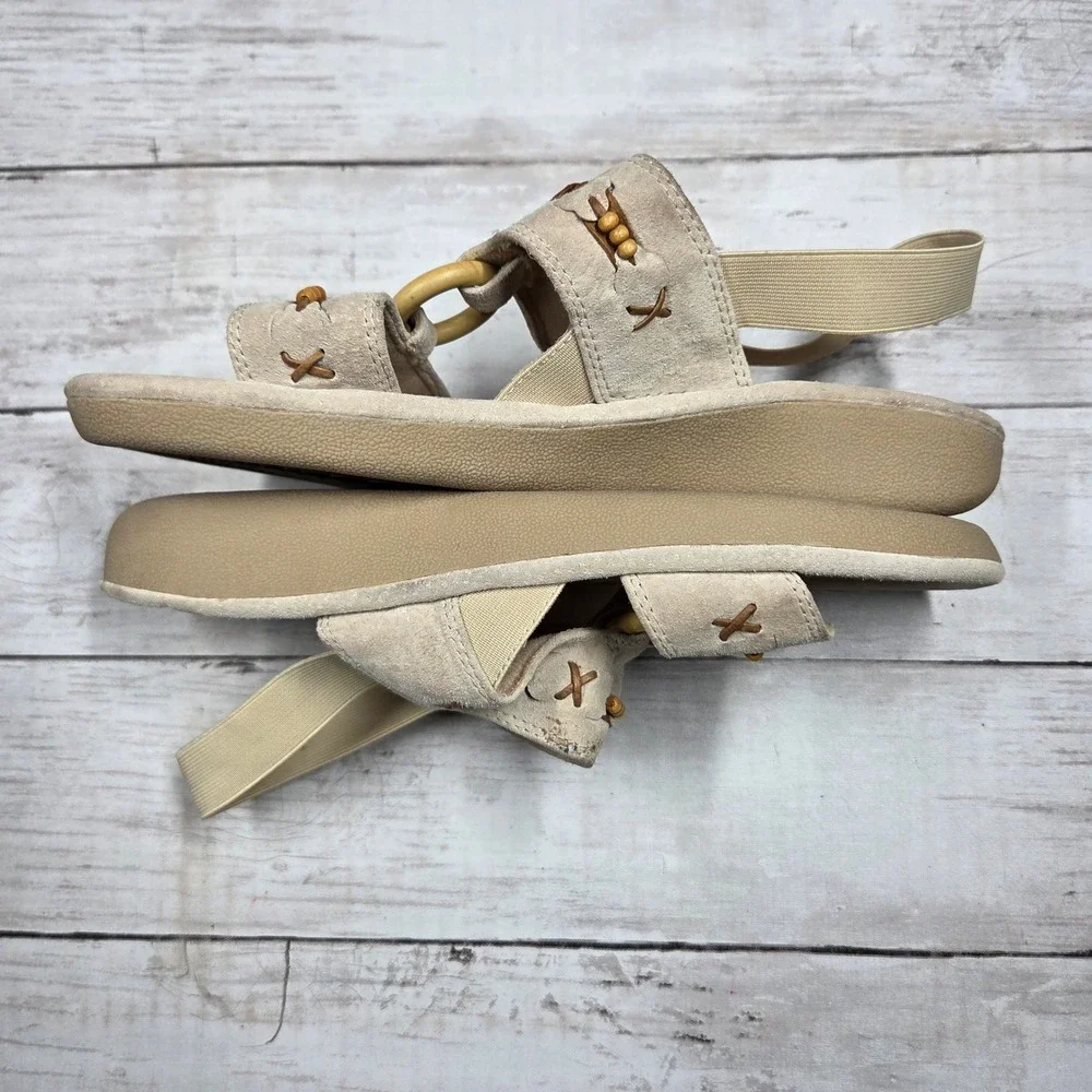 Earth Shoe Bradley WW Sandals Boho Slingback Women 9 Tan Beaded Suede Wide